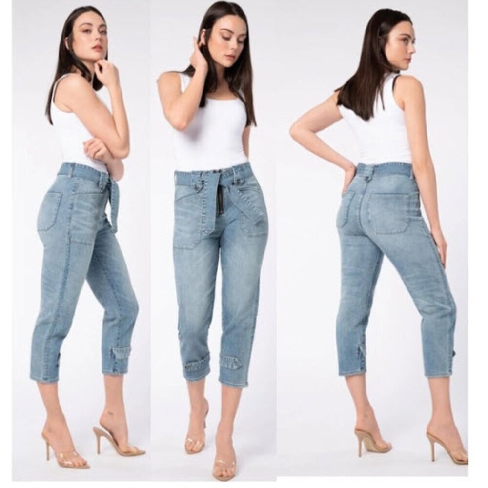 Parasuco Light Blue Ankle Jeans High Rise Tie Belt Size 28 Y2k  Boho Preppy